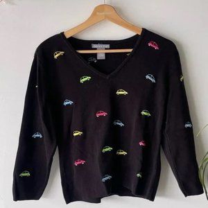 Eagle's Eye VINTAGE (1990s) Black Cotton w/Neon Beetle Cars Sweater, Medium